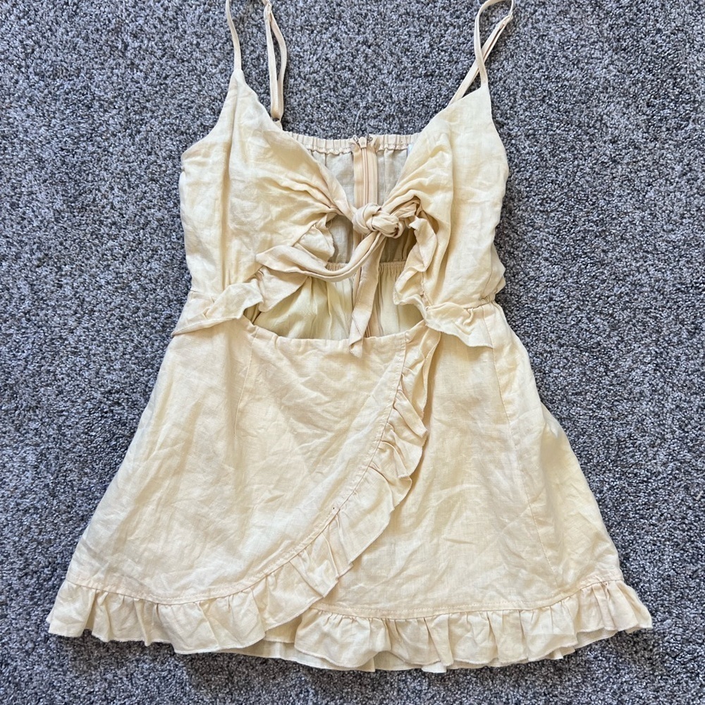 Seek The Label Light Yellow Front Tie 100% Linen Mini Romper Women Dress Size S